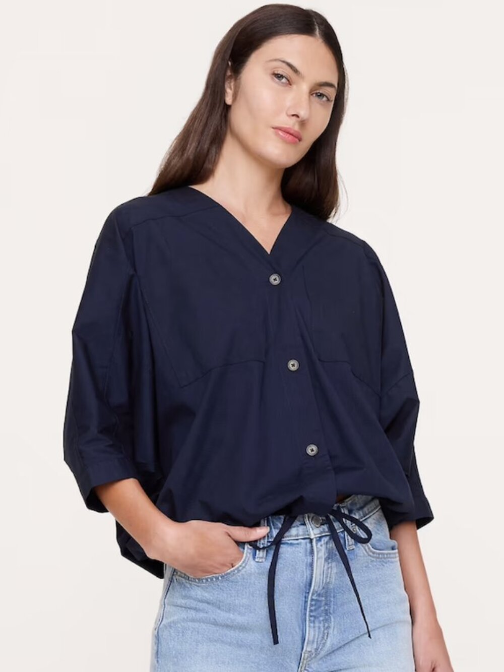 Banana Republic - M/L - Navy Blue - Stretch-Cotton Drawstring-Hem Top - NWT